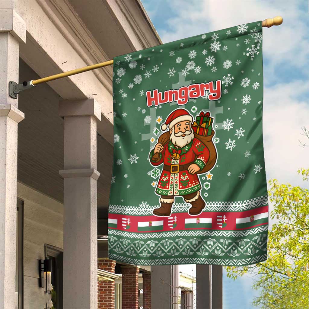 Hungary Christmas Garden Flag with Green Snowflake Pattern Santa Claus Motif - Wonder Print Shop