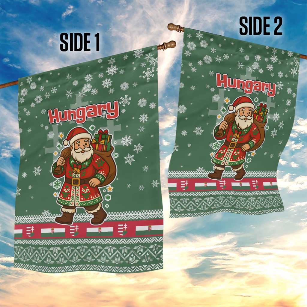 Hungary Christmas Garden Flag with Green Snowflake Pattern Santa Claus Motif - Wonder Print Shop