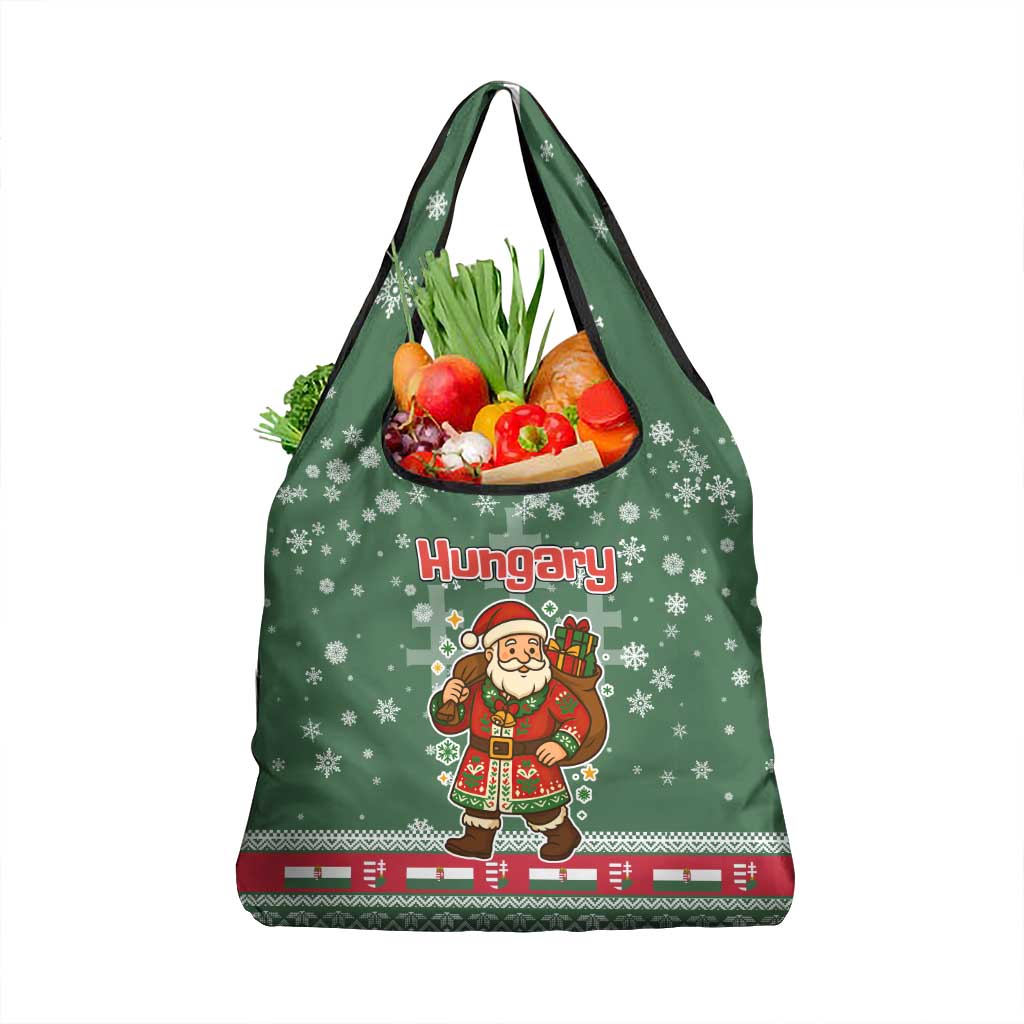 Hungary Christmas Grocery Bag with Green Snowflake Pattern Santa Claus Motif - Wonder Print Shop