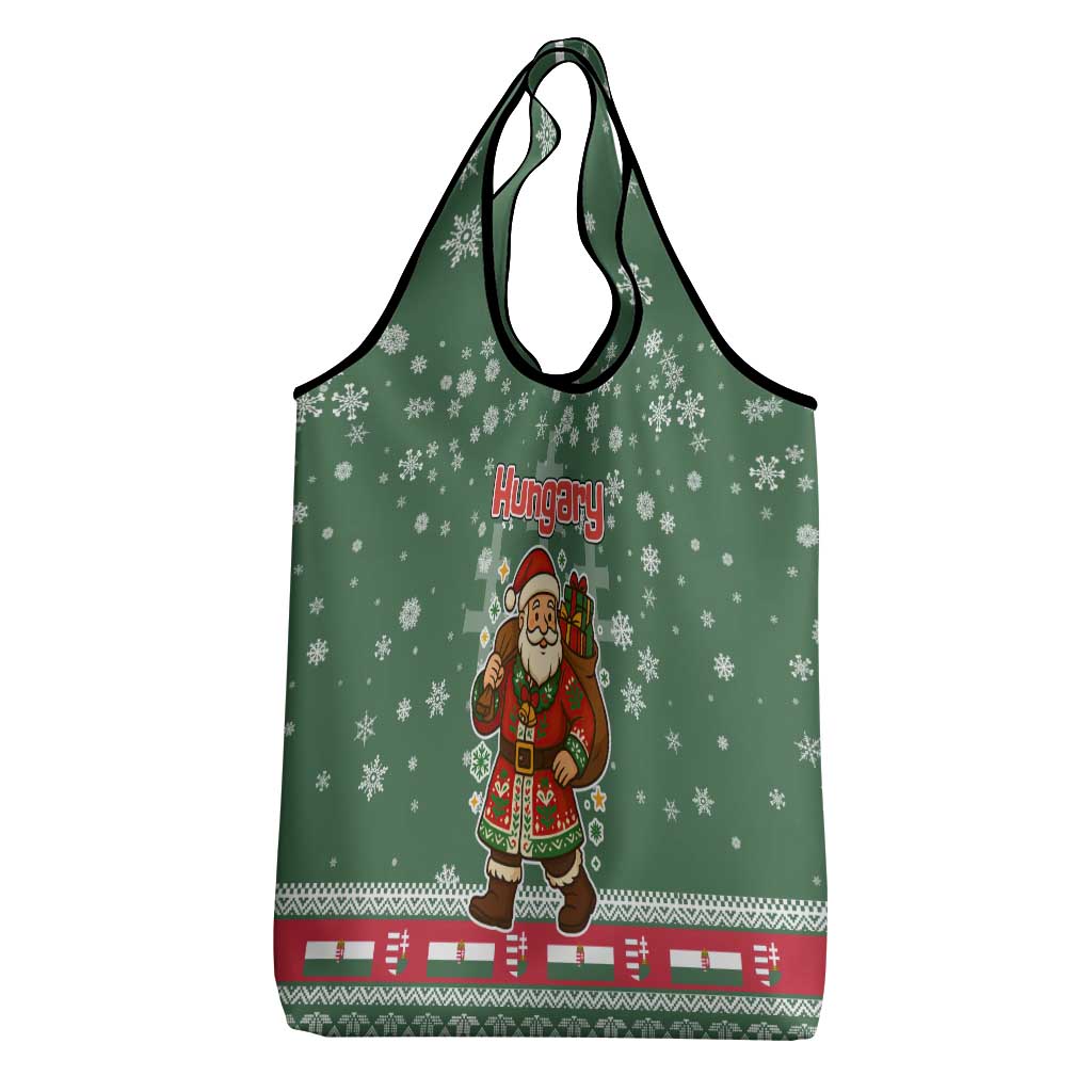 Hungary Christmas Grocery Bag with Green Snowflake Pattern Santa Claus Motif - Wonder Print Shop
