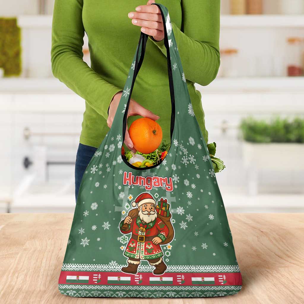 Hungary Christmas Grocery Bag with Green Snowflake Pattern Santa Claus Motif - Wonder Print Shop