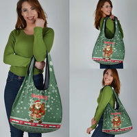 Hungary Christmas Grocery Bag with Green Snowflake Pattern Santa Claus Motif - Wonder Print Shop