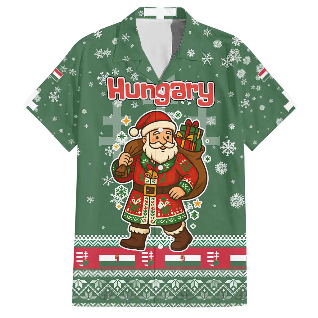 Hungary Christmas Hawaiian Shirt with Green Snowflake Pattern Santa Claus Motif - Wonder Print Shop