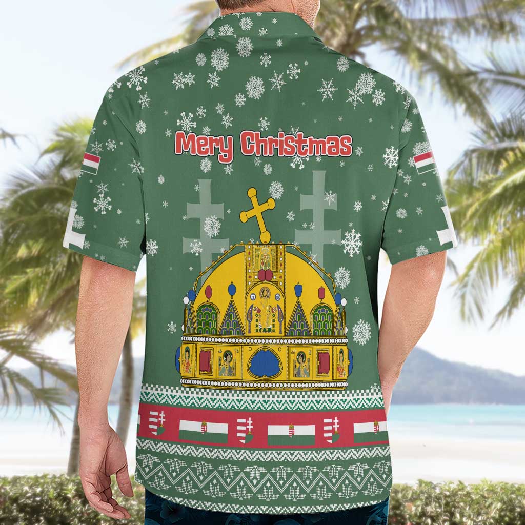 Hungary Christmas Hawaiian Shirt with Green Snowflake Pattern Santa Claus Motif - Wonder Print Shop