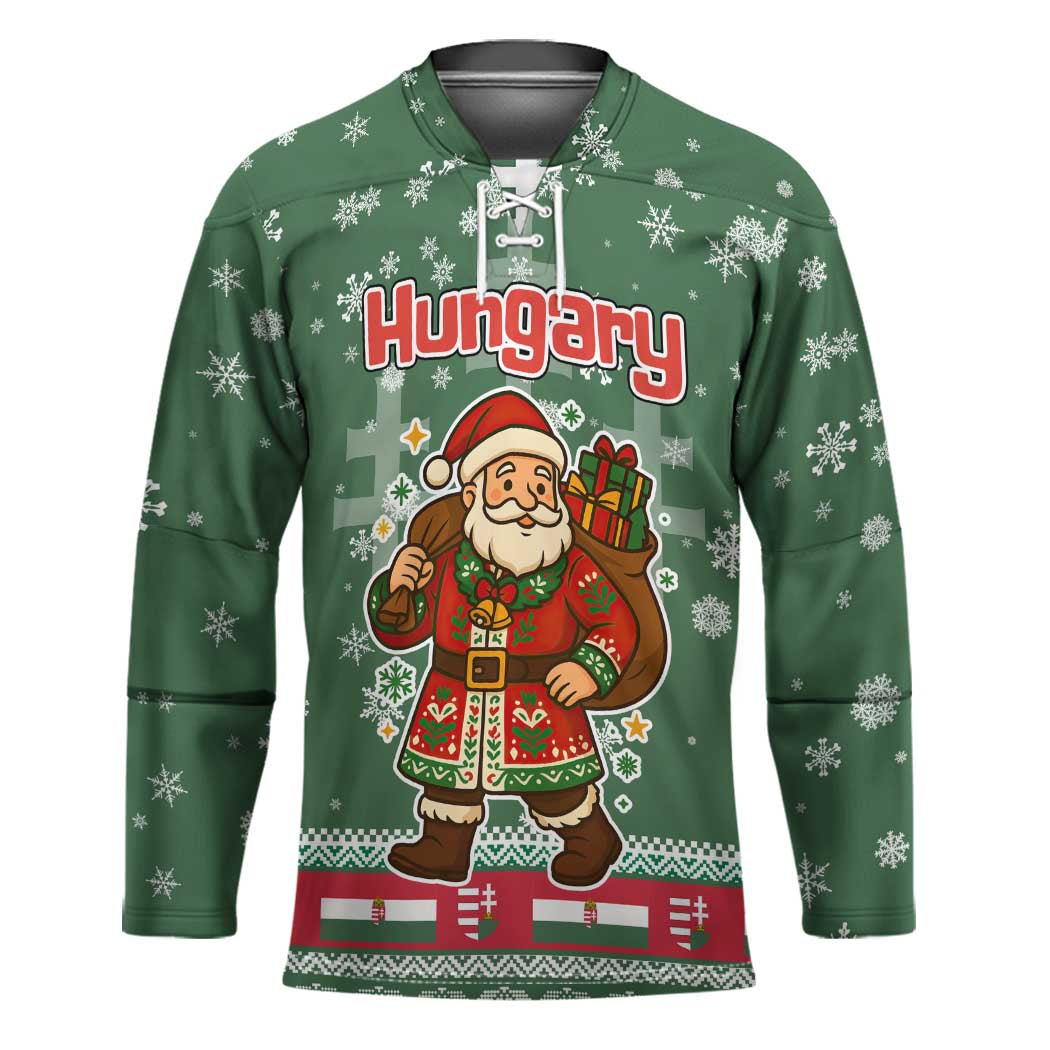 Hungary Christmas Hockey Jersey with Green Snowflake Pattern Santa Claus Motif - Wonder Print Shop