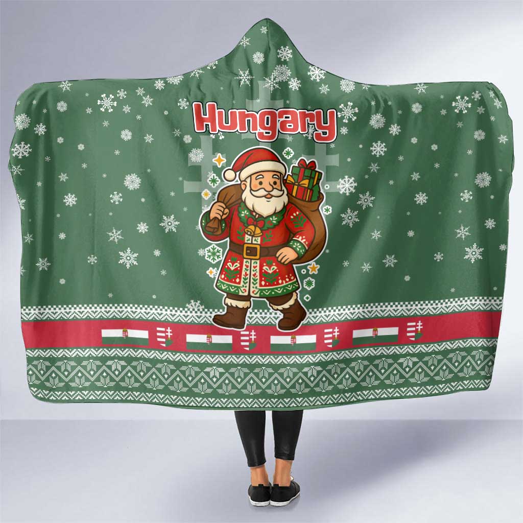 Hungary Christmas Hooded Blanket with Green Snowflake Pattern Santa Claus Motif - Wonder Print Shop
