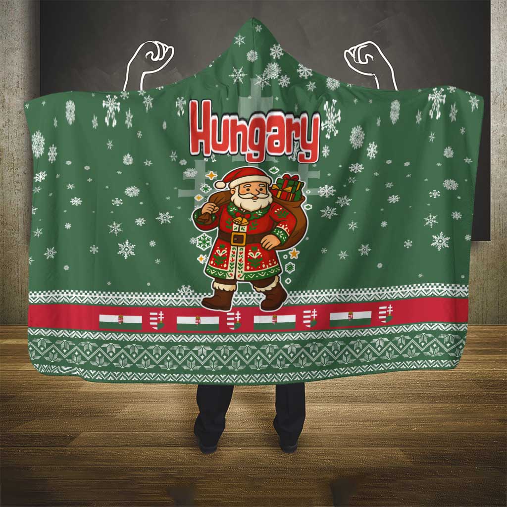Hungary Christmas Hooded Blanket with Green Snowflake Pattern Santa Claus Motif - Wonder Print Shop