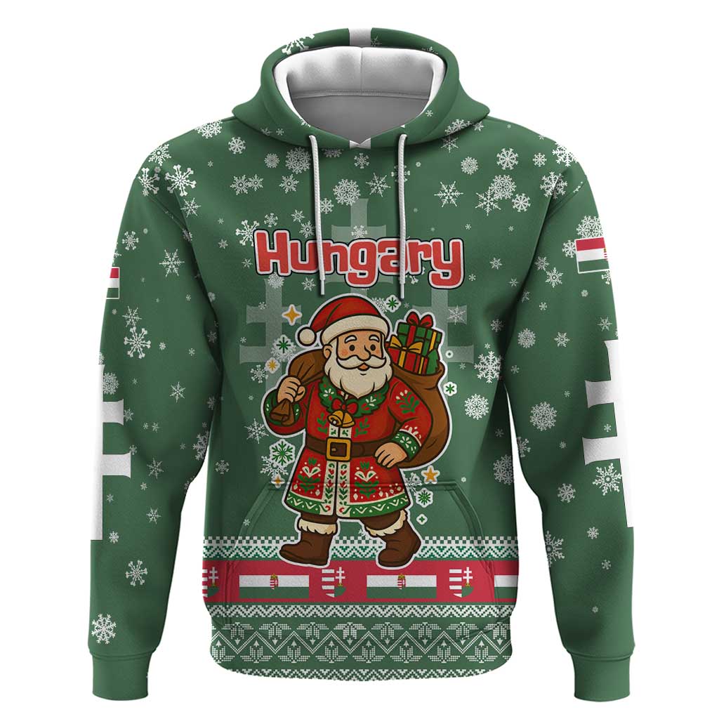 Hungary Christmas Hoodie with Green Snowflake Pattern Santa Claus Motif - Wonder Print Shop