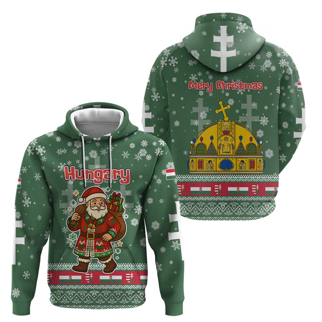 Hungary Christmas Hoodie with Green Snowflake Pattern Santa Claus Motif - Wonder Print Shop