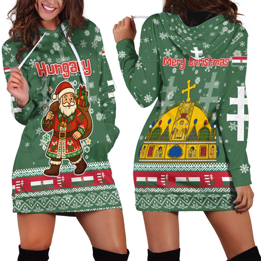 Hungary Christmas Hoodie Dress with Green Snowflake Pattern Santa Claus Motif - Wonder Print Shop