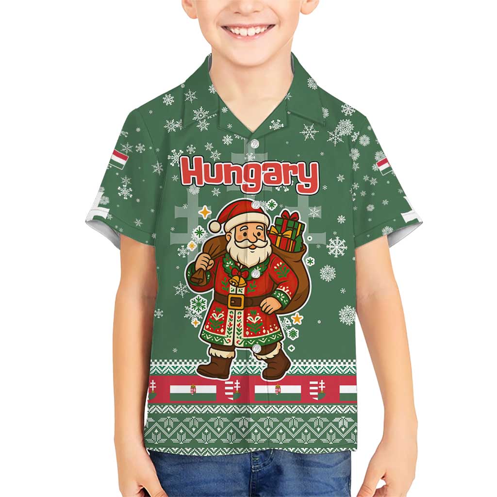 Hungary Christmas Kid Hawaiian Shirt with Green Snowflake Pattern Santa Claus Motif - Wonder Print Shop