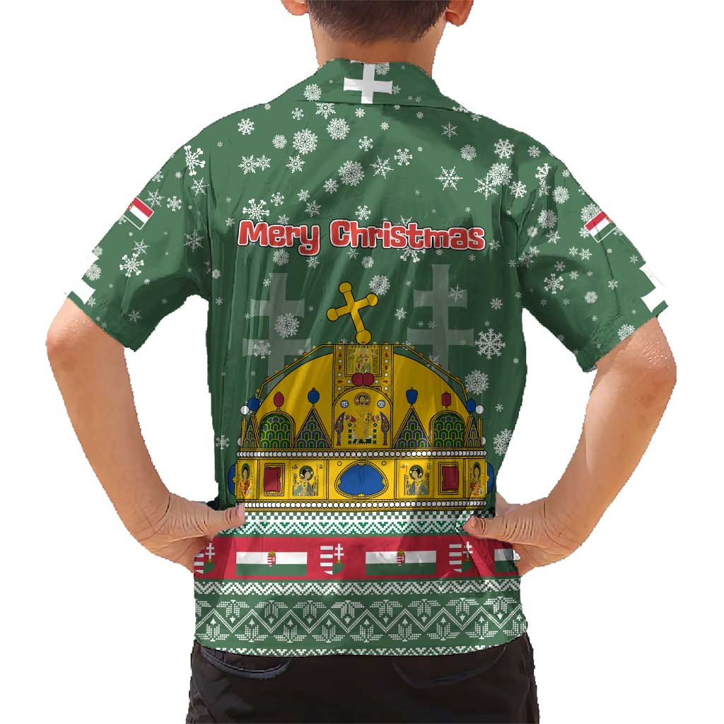 Hungary Christmas Kid Hawaiian Shirt with Green Snowflake Pattern Santa Claus Motif - Wonder Print Shop