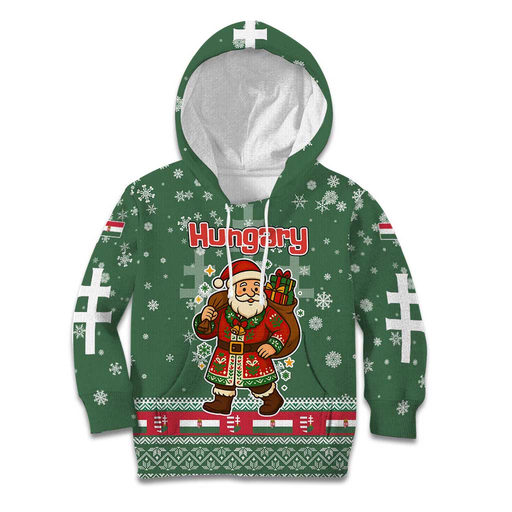 Hungary Christmas Kid Hoodie with Green Snowflake Pattern Santa Claus Motif - Wonder Print Shop