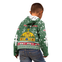 Hungary Christmas Kid Hoodie with Green Snowflake Pattern Santa Claus Motif - Wonder Print Shop
