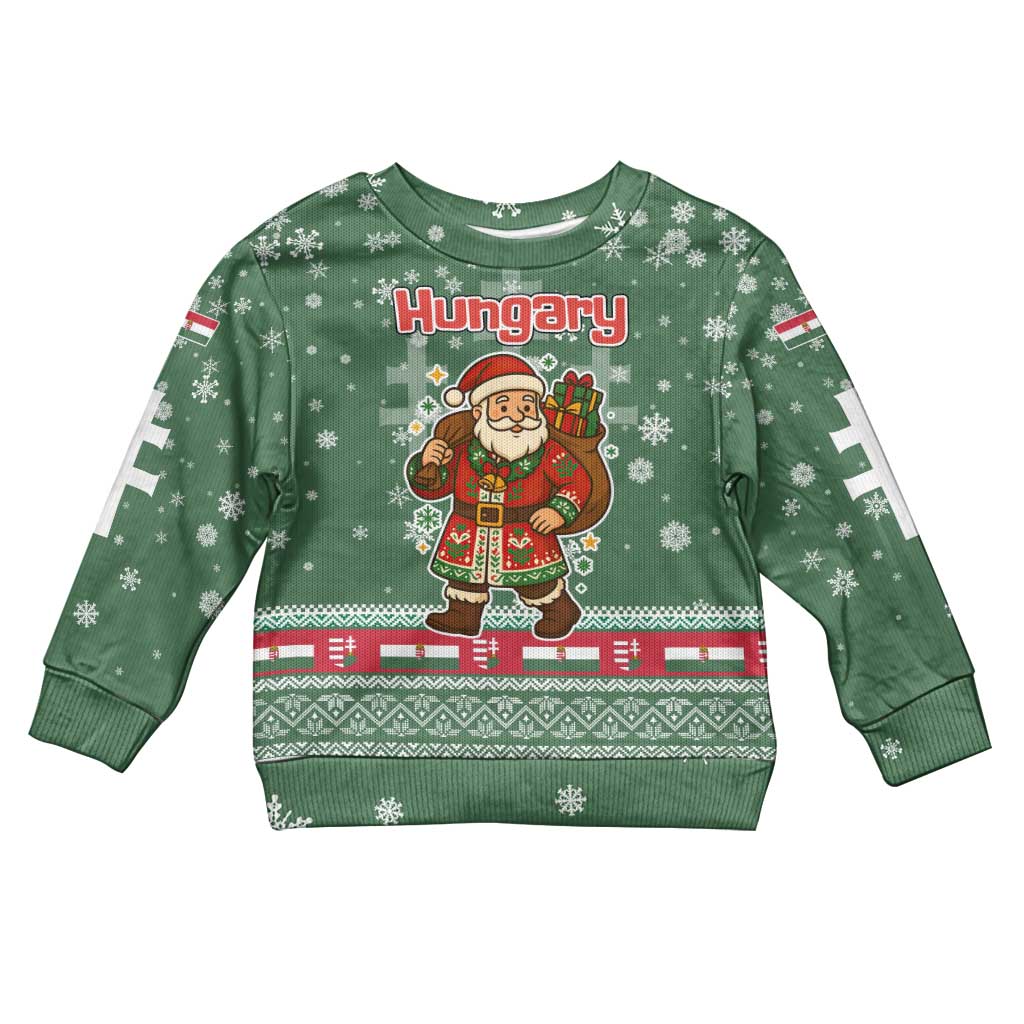 Hungary Christmas Kid Ugly Christmas Sweater with Green Snowflake Pattern Santa Claus Motif - Wonder Print Shop
