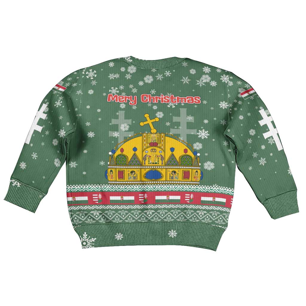 Hungary Christmas Kid Ugly Christmas Sweater with Green Snowflake Pattern Santa Claus Motif - Wonder Print Shop