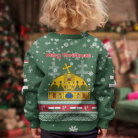 Hungary Christmas Kid Ugly Christmas Sweater with Green Snowflake Pattern Santa Claus Motif - Wonder Print Shop