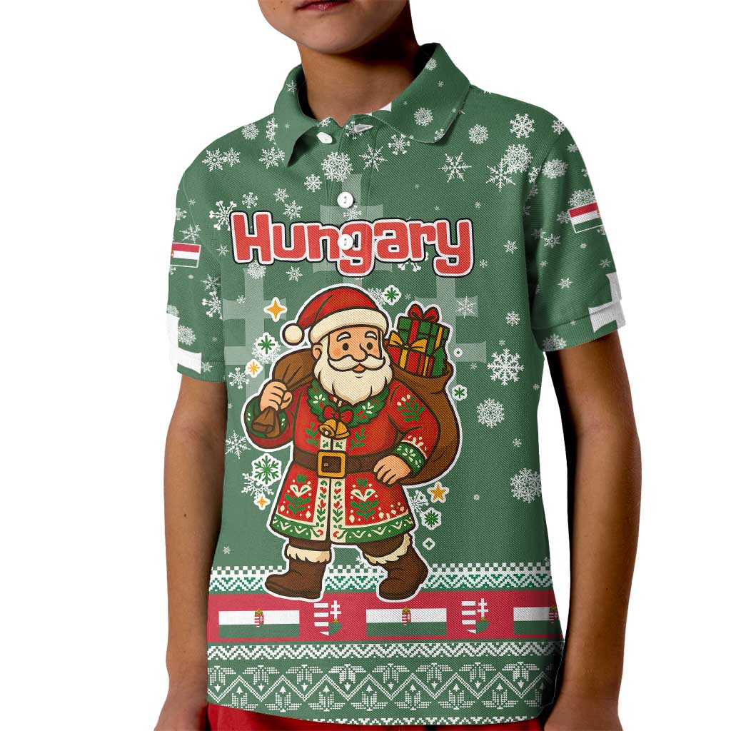 Hungary Christmas Kid Polo Shirt with Green Snowflake Pattern Santa Claus Motif - Wonder Print Shop