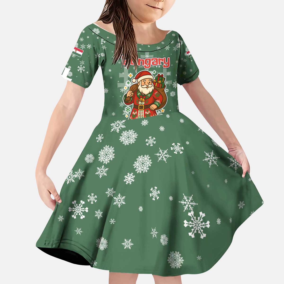 Hungary Christmas Kid Short Sleeve Dress with Green Snowflake Pattern Santa Claus Motif - Wonder Print Shop