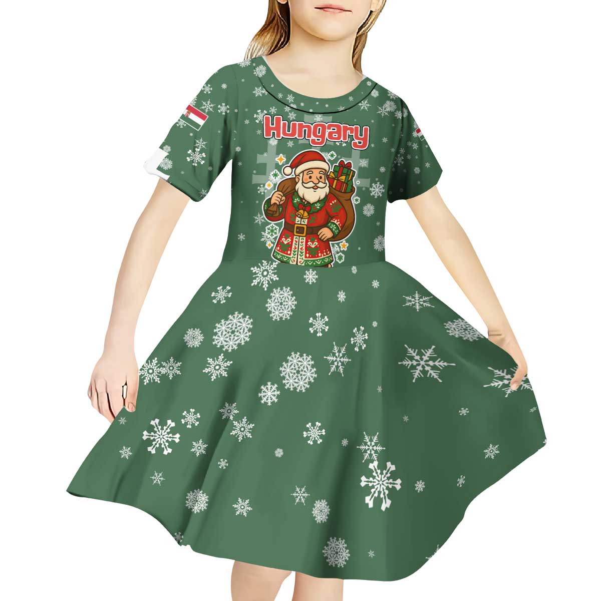 Hungary Christmas Kid Short Sleeve Dress with Green Snowflake Pattern Santa Claus Motif - Wonder Print Shop