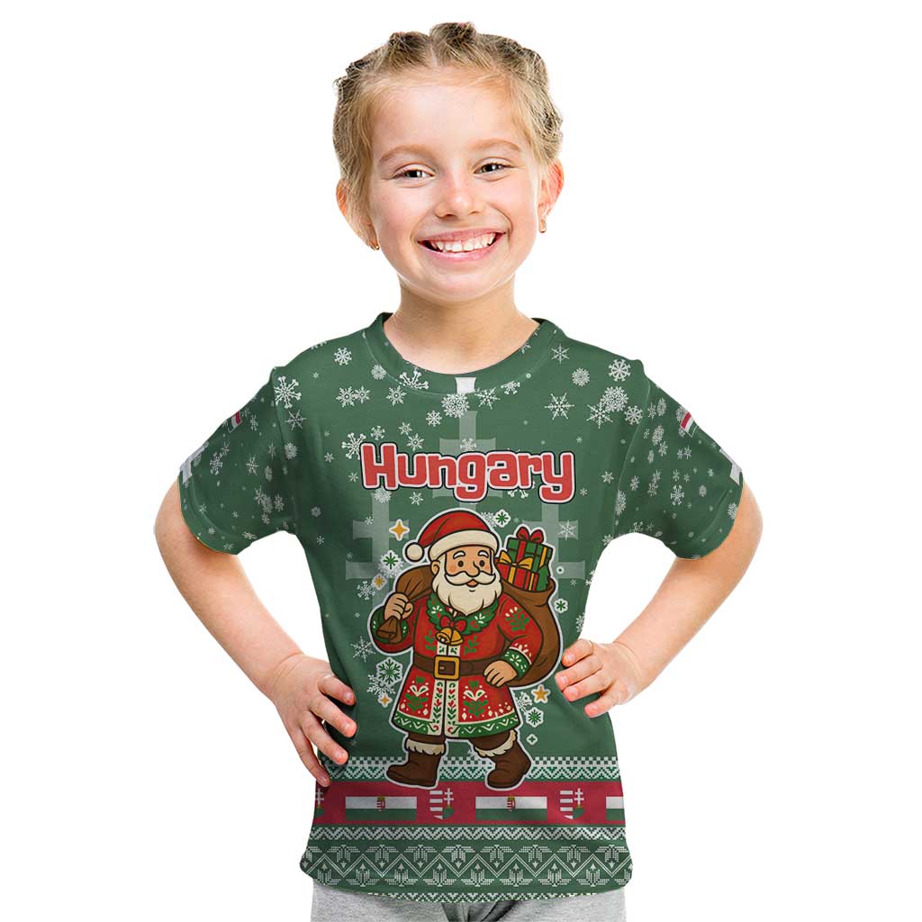 Hungary Christmas Kid T Shirt with Green Snowflake Pattern Santa Claus Motif - Wonder Print Shop