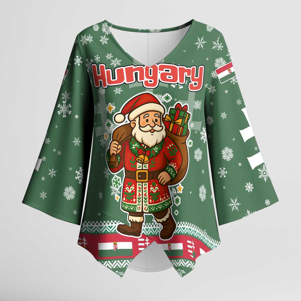 Hungary Christmas Kimono Sleeve Blouse with Green Snowflake Pattern Santa Claus Motif - Wonder Print Shop