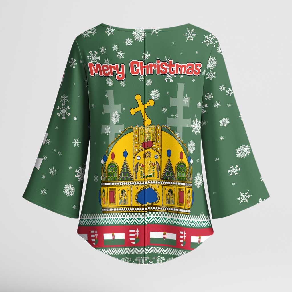 Hungary Christmas Kimono Sleeve Blouse with Green Snowflake Pattern Santa Claus Motif - Wonder Print Shop
