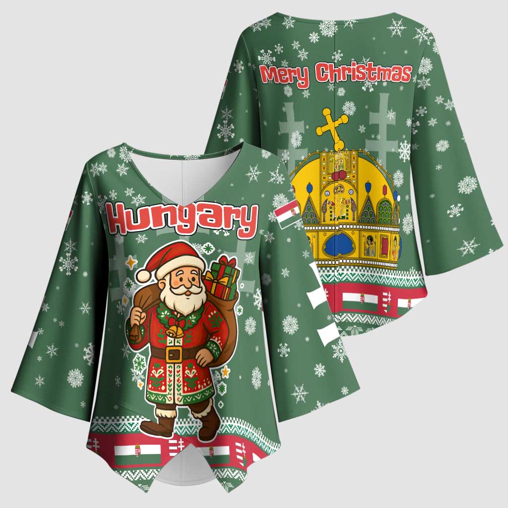 Hungary Christmas Kimono Sleeve Blouse with Green Snowflake Pattern Santa Claus Motif - Wonder Print Shop