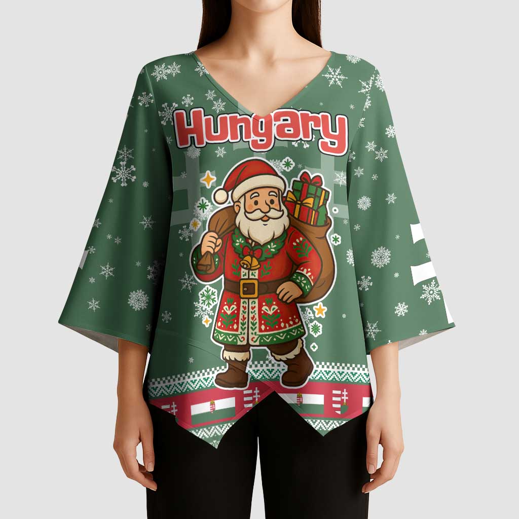 Hungary Christmas Kimono Sleeve Blouse with Green Snowflake Pattern Santa Claus Motif - Wonder Print Shop