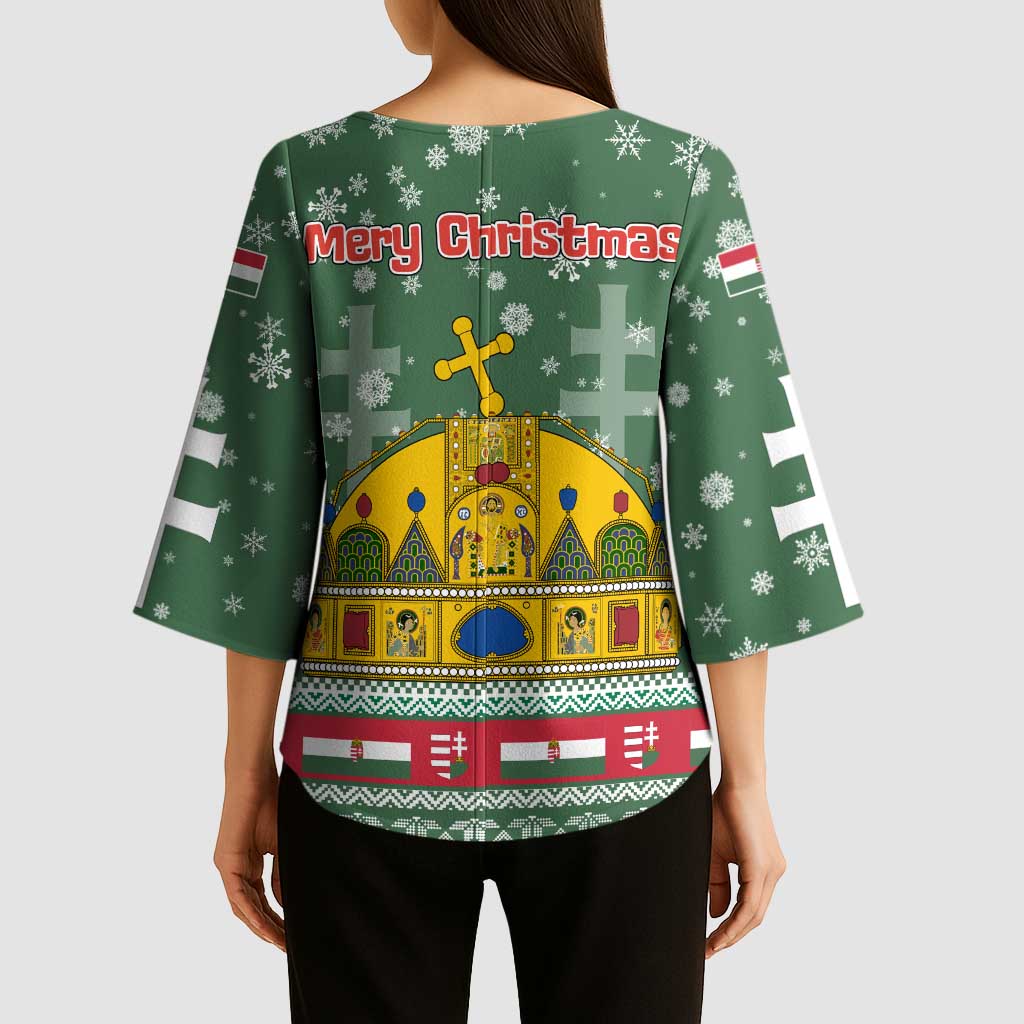 Hungary Christmas Kimono Sleeve Blouse with Green Snowflake Pattern Santa Claus Motif - Wonder Print Shop