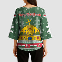Hungary Christmas Kimono Sleeve Blouse with Green Snowflake Pattern Santa Claus Motif - Wonder Print Shop