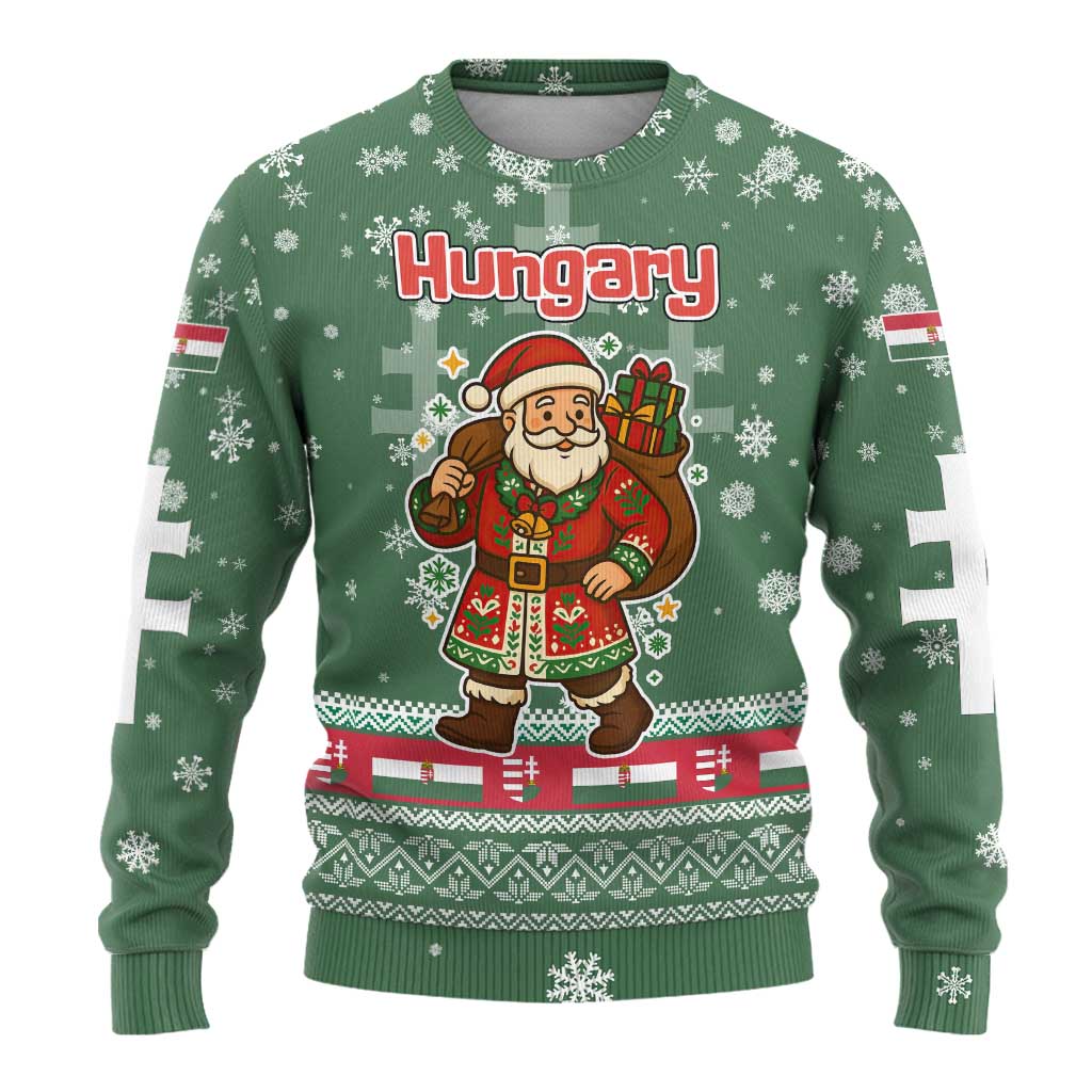 Hungary Christmas Ugly Christmas Sweater with Green Snowflake Pattern Santa Claus Motif - Wonder Print Shop