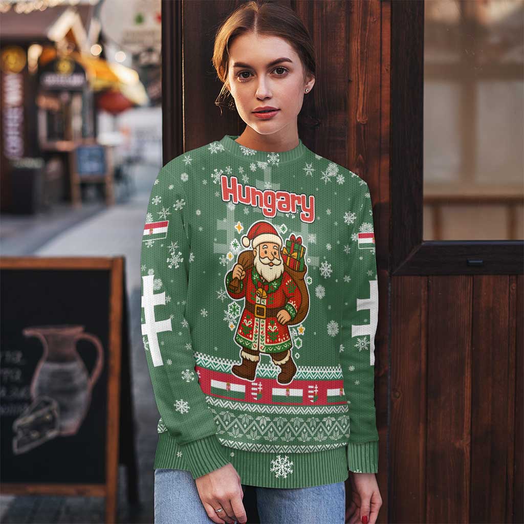 Hungary Christmas Ugly Christmas Sweater with Green Snowflake Pattern Santa Claus Motif - Wonder Print Shop