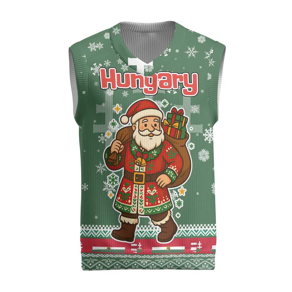 Hungary Christmas Knitted V-Neck Vest with Green Snowflake Pattern Santa Claus Motif - Wonder Print Shop