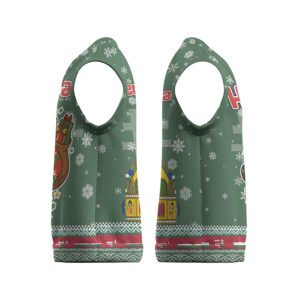 Hungary Christmas Knitted V-Neck Vest with Green Snowflake Pattern Santa Claus Motif - Wonder Print Shop