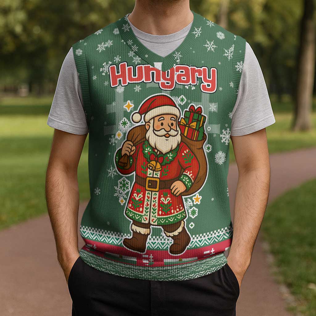 Hungary Christmas Knitted V-Neck Vest with Green Snowflake Pattern Santa Claus Motif - Wonder Print Shop