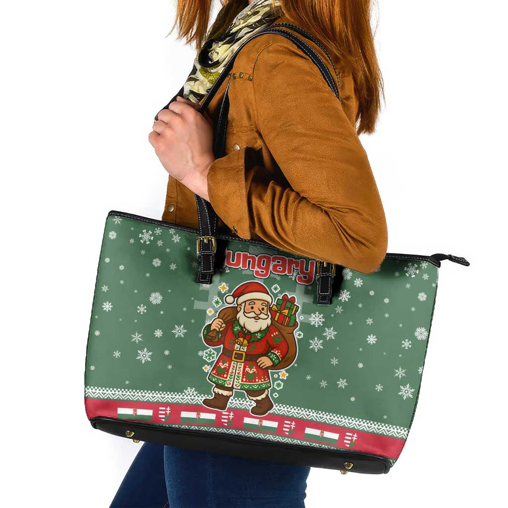 Hungary Christmas Leather Tote Bag with Green Snowflake Pattern Santa Claus Motif - Wonder Print Shop
