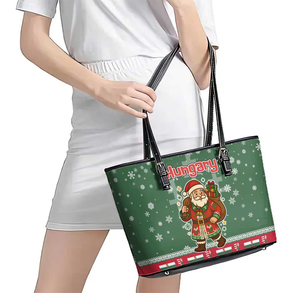 Hungary Christmas Leather Tote Bag with Green Snowflake Pattern Santa Claus Motif - Wonder Print Shop