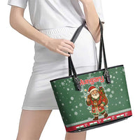 Hungary Christmas Leather Tote Bag with Green Snowflake Pattern Santa Claus Motif - Wonder Print Shop