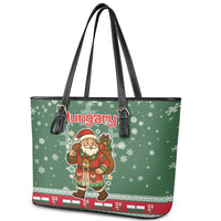 Hungary Christmas Leather Tote Bag with Green Snowflake Pattern Santa Claus Motif - Wonder Print Shop