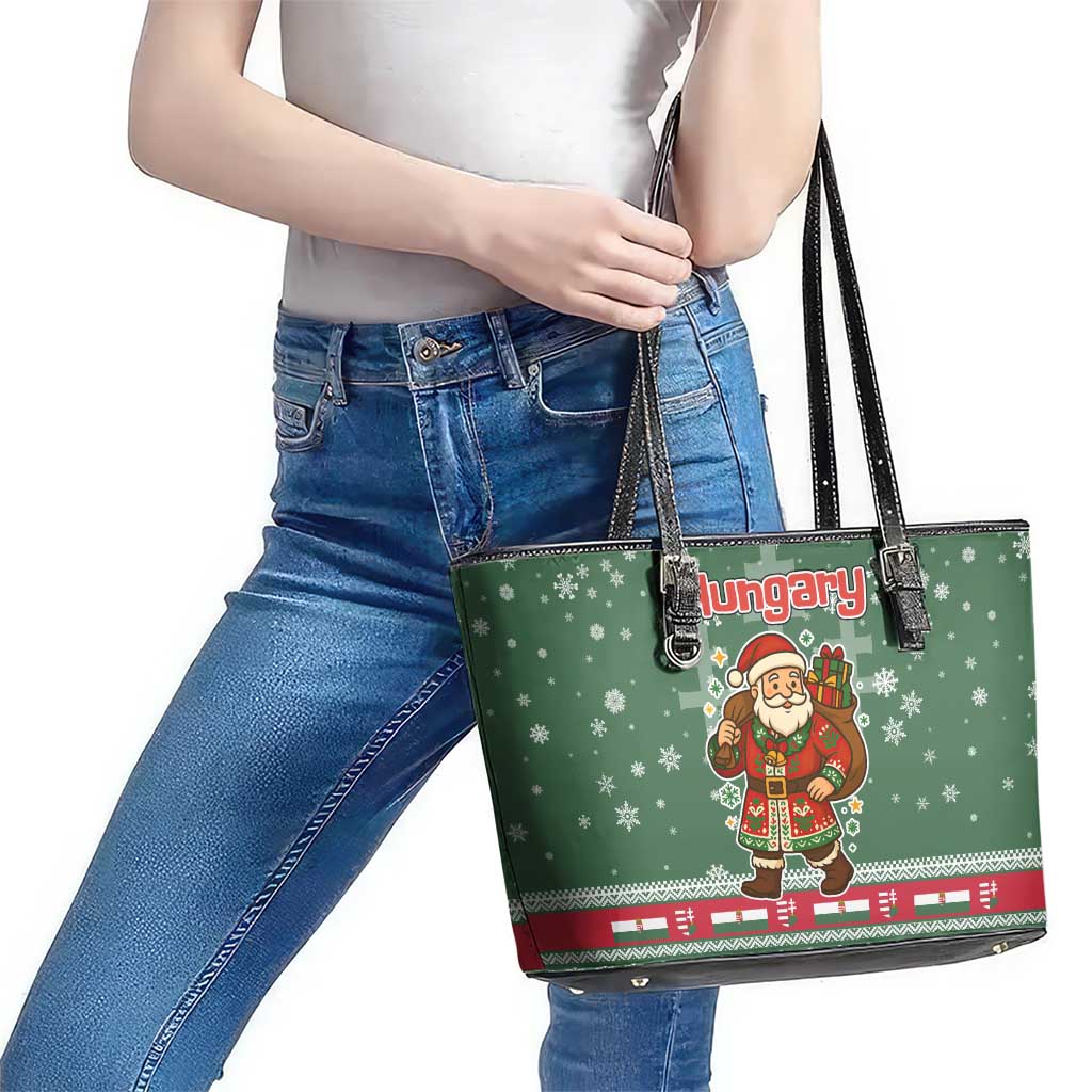 Hungary Christmas Leather Tote Bag with Green Snowflake Pattern Santa Claus Motif - Wonder Print Shop