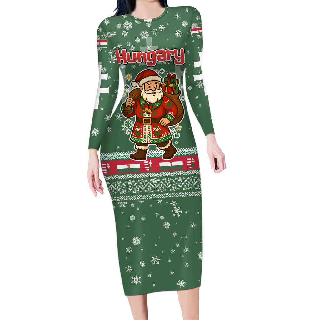 Hungary Christmas Long Sleeve Bodycon Dress with Green Snowflake Pattern Santa Claus Motif - Wonder Print Shop