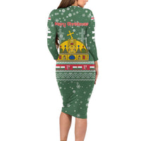 Hungary Christmas Long Sleeve Bodycon Dress with Green Snowflake Pattern Santa Claus Motif - Wonder Print Shop
