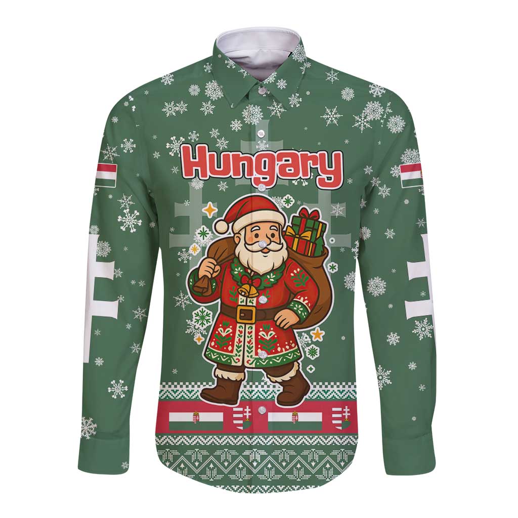 Hungary Christmas Long Sleeve Button Shirt with Green Snowflake Pattern Santa Claus Motif - Wonder Print Shop
