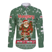 Hungary Christmas Long Sleeve Button Shirt with Green Snowflake Pattern Santa Claus Motif - Wonder Print Shop