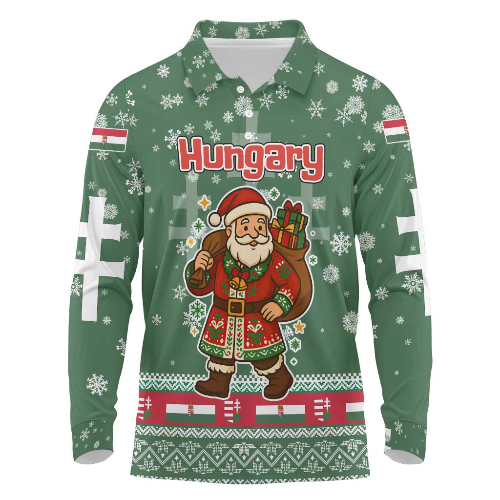 Hungary Christmas Long Sleeve Polo Shirt with Green Snowflake Pattern Santa Claus Motif - Wonder Print Shop