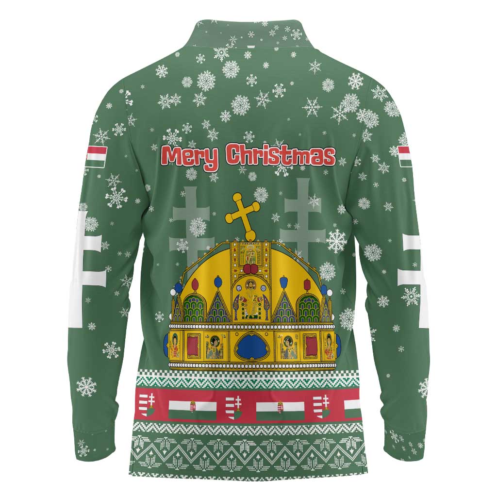 Hungary Christmas Long Sleeve Polo Shirt with Green Snowflake Pattern Santa Claus Motif - Wonder Print Shop