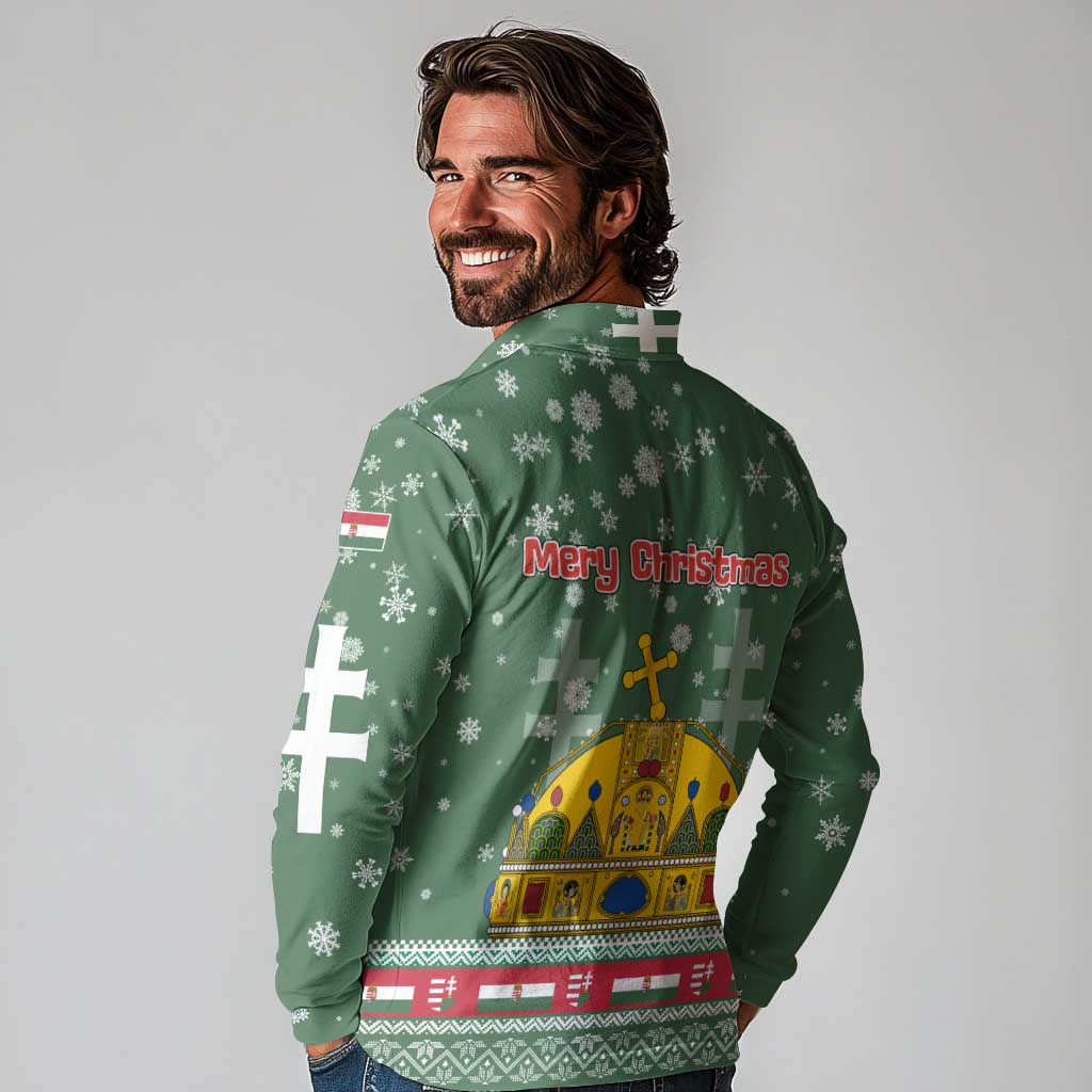 Hungary Christmas Long Sleeve Polo Shirt with Green Snowflake Pattern Santa Claus Motif - Wonder Print Shop