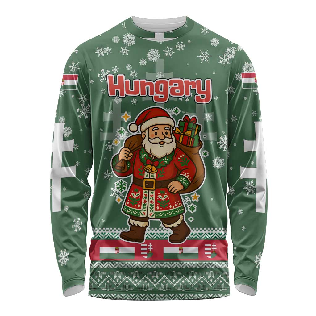 Hungary Christmas Long Sleeve Shirt with Green Snowflake Pattern Santa Claus Motif - Wonder Print Shop