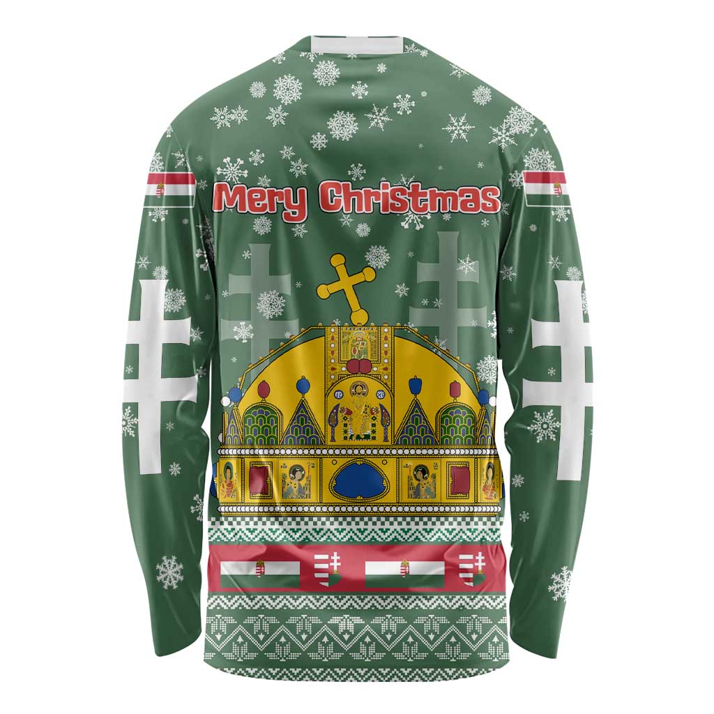 Hungary Christmas Long Sleeve Shirt with Green Snowflake Pattern Santa Claus Motif - Wonder Print Shop